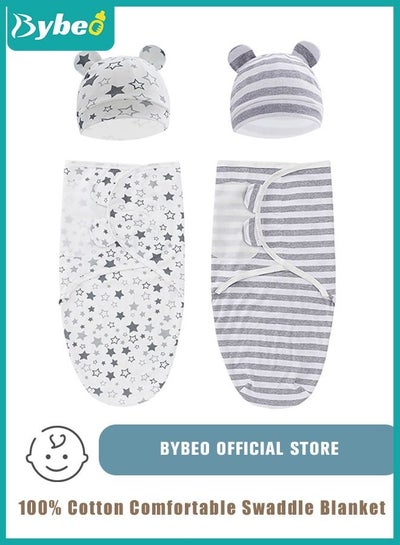اشتري 2 PCS Baby Swaddle Blanket Wrap Cap Set Newborn Infant Sleep Sack With Caps 100% Breathable Cotton 0-4 Month في الامارات