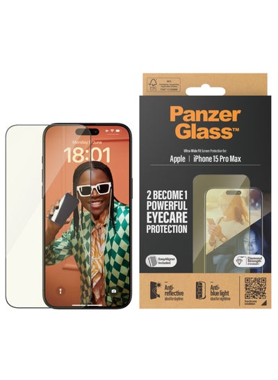 Buy PanzerGlass™ Advanced Anti-Reflective and Anti-Blue Light Screen Protector for Apple iPhone 15 Pro Max, Protect Your Eyes, Protect Your Phone - Case friendly full screen protector with mounting aid in UAE