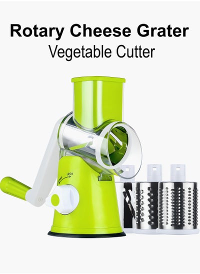 Buy Multi-Function Rotary Cheese Vegetable Cutter Grater Handheld Shredder Manual Grinder with Strong 3 Interchangeable Stainless-Steel Blades Kitchen Tool Slicer Rubber Included Mandoline Vegetable Fruit in UAE