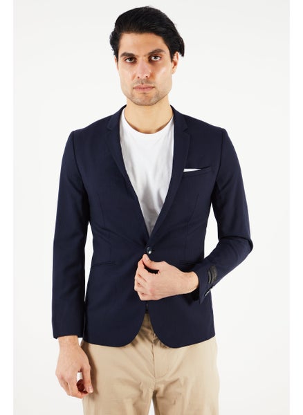 Buy Men Slim Fit Textured Formal Blazer, Navy in UAE