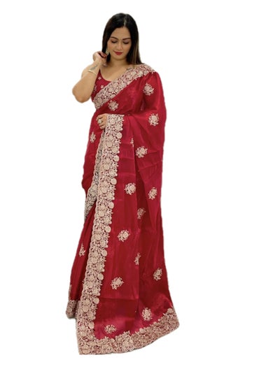 Buy Beautiful Red Chiffon Sari With Golden Zari Cut work On Border Plus Unstitched Blouse in UAE