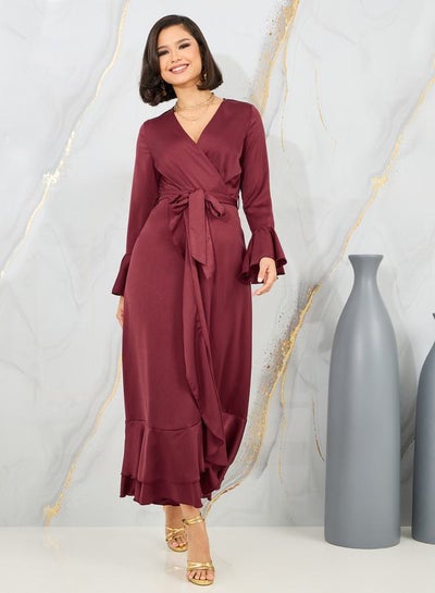 Buy Bell Sleeve Wrap Front Maxi Dress with Tie Belt in Saudi Arabia