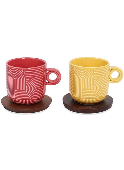 Buy Take A Loop Mug with Saucer, Yellow & Red - Set of 2, 250 ml in UAE