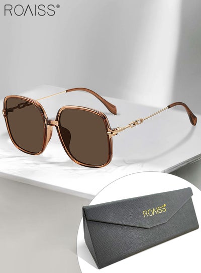 Buy Women's Square Sunglasses, UV400 Protection Sun Glasses with Gold Metal Temples, Oversize Fashion Anti-glare Sun Shades for Women with Glasses Case, 54mm, Brown in UAE