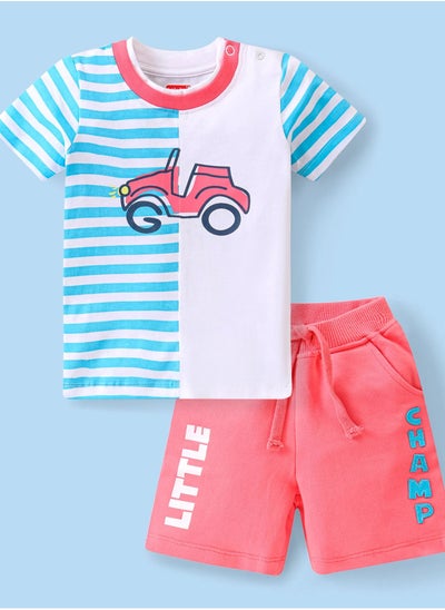 اشتري Babyhug Single Jersey Knit Half Sleeves Striped T-Shirt & Shorts Set with Embroidery & Car Print - Blue & Pink(9-24M) في الامارات