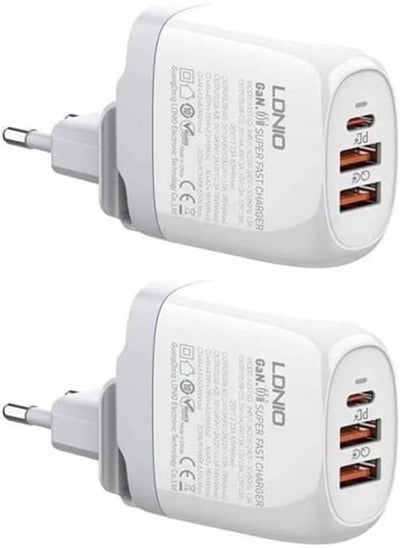 اشتري Ldnio Set Of 2 Pieces Of A3511Q Eu Fast Charger 3 Usb Ports With Type-C-Type-C Cable Perfect For Home And Office - White في مصر