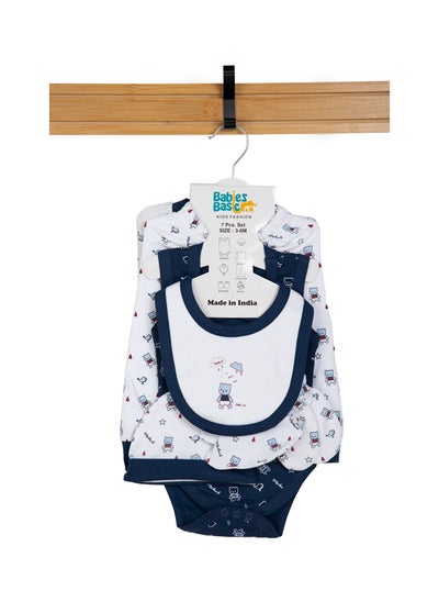 اشتري BabiesBasic 7 piece unisex 100% cotton Set include bib, socks, mitten, cap, romper, top and bottom set, Blue في الامارات