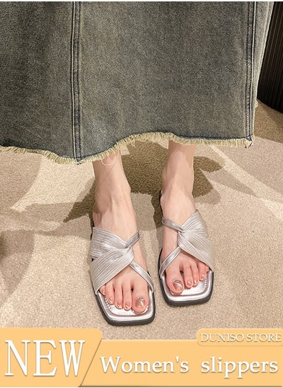 اشتري Women's Slip On Flat Sandals Square Open Toe Slide Sandals Comfortable Women Slippers Nonslip Backless Beach Slip for Indoor and Outdoor في السعودية