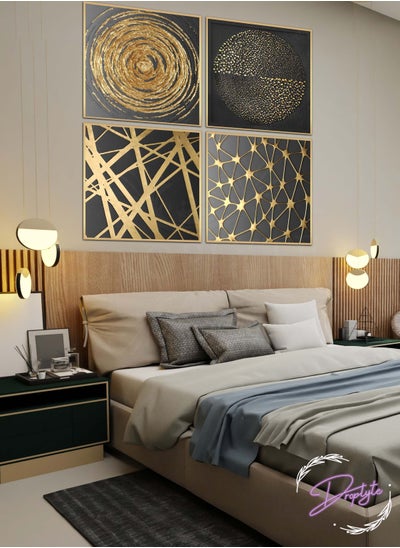 اشتري 4 Piece Golden and Black Abstract Digital Art Decorative Wall Art Wall Decor Card Board MDF Home Decor  For Drawing Room, Living Room, Bedroom, Kitchen or Office  80CM x 80CM في السعودية