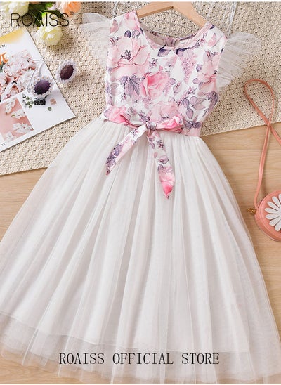 اشتري Girls Floral Print Ruffle Sleeve Mesh Overlay Belted Dress Princess Dress Toddler Big Kids High Waist A-Line Dress Birthday Casual Stylish Party Wear Wedding White في السعودية