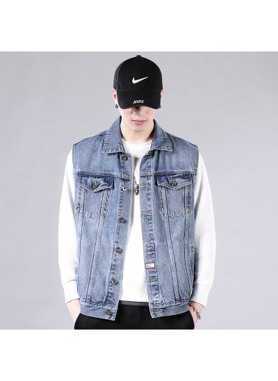 Buy Mens Vintage Denim Vest Casual Autumn Sleeveless Jacket Blue in UAE