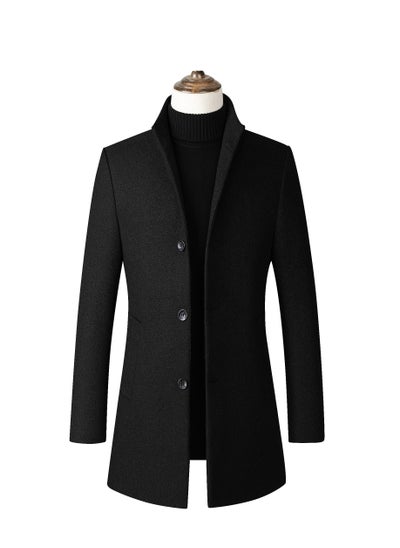 Buy Men Stand Collar Winter Solid Colour Trench Coat Outwear Overcoat Long Sleeve Jacket Black in Saudi Arabia