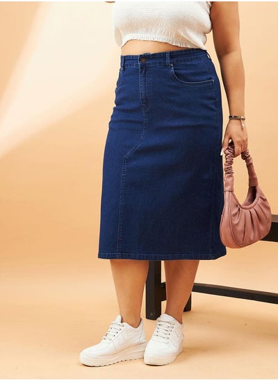 Buy Plus High Rise Denim Skirt with Belt Loops in Saudi Arabia