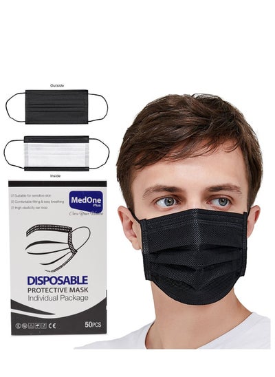 اشتري 50-Pieces 3 Ply Disposable Black Face Mask For Adults Individually Packed في الامارات