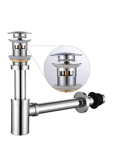 اشتري Bathroom Sink Stopper, P-Trap Complete Set Adjustable, 1-1/4 Bottle Trap Solid Brass Sink Drain Kit, with Pop Up Drain Stopper Set without Overflow (Chrome Silver) في السعودية