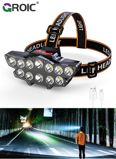 اشتري Headlamp Rechargeable, 22000 Lumen Bright 12 LEDs Head Lamp, 10+2 Head Light with 4 Light Modes for Adult, Waterproof Head Flashlight for Outdoor Running, Hunting, Camping, Hiking في الامارات