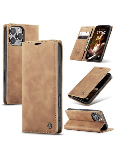 Buy CaseMe iPhone 16 Pro Max Case Wallet Case Book Folding Flip Folio Case with Magnetic Kickstand Card Slots Protective Cover - Brown in Egypt