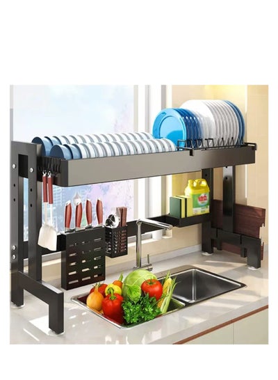 Buy 64 – 100 CM Length Adjustable Over The Sink Dish Rack Extra Heavy Duty Adjustable Length and Height Large Dish Drying Stand Drainer with Utensil Holder for Kitchen Countertop Organizer - 2 TIER in UAE