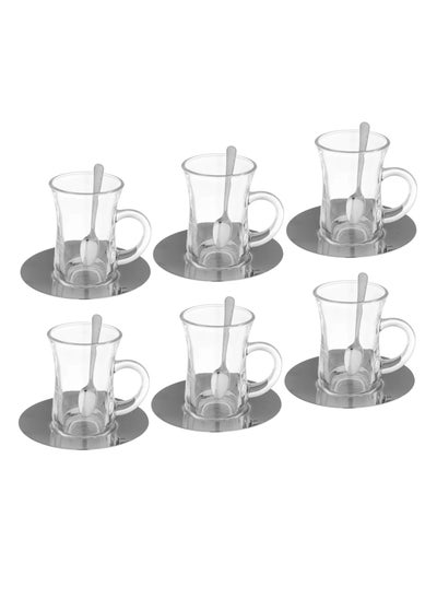 Buy 18 Piece Glass Tea Set with Stainless Steel Saucer in Saudi Arabia