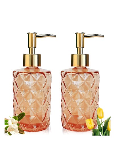 Buy Glass Soap Dispenser, 11oz Refillable Liquid Hand Soap Dispenser with Gold Plastic Rustproof Pump, 2 Pack Lotion Soap Dispenser for Bathroom, Kitchen Countertop, Hotel, Home Decor(Amber) in UAE