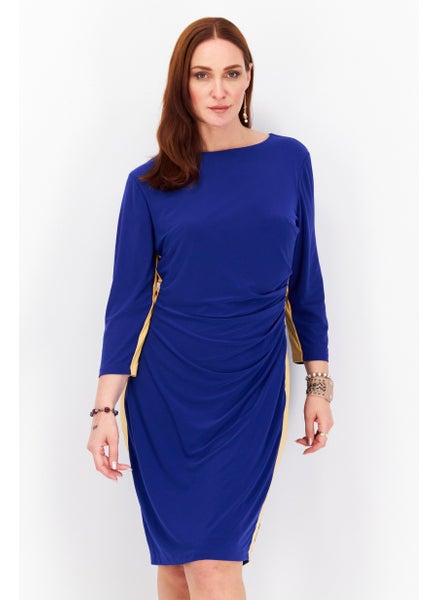 Buy Women Boat Neck Long Sleeve Plain Midi Dress, Blue/Gold in Saudi Arabia