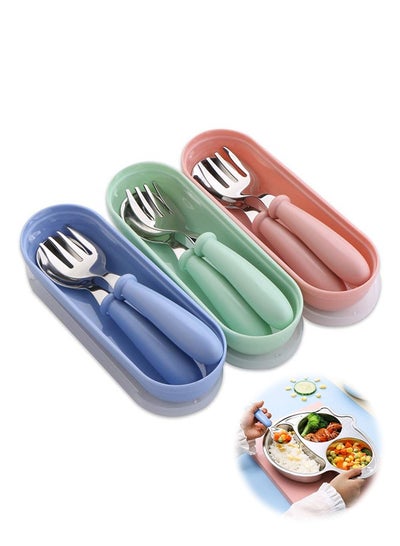 Buy 3-Piece Baby First Fork and Spoon Set, Stainless Steel Utensils Cutlery Kit with Travel Safe Carry Case for Toddler Self Feeding Learning, Multicolour in Saudi Arabia