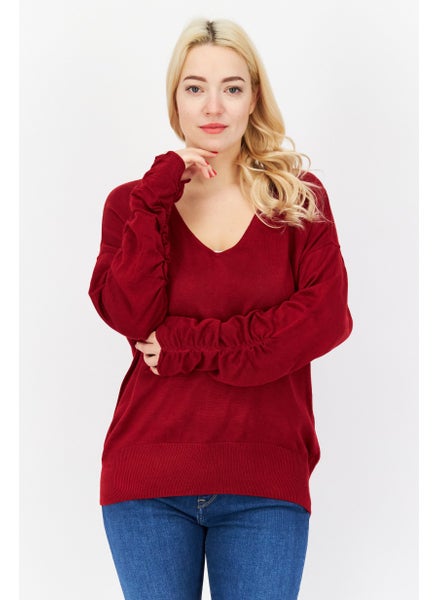 اشتري Women V-Neck Long Sleeve Knitted Sweater, Maroon في الامارات