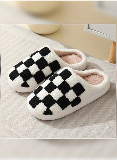 اشتري Checkerboard Lattice Design Bedroom Slippers for Women Men Couple Plush Fuzzy Cozy House Autumn and Winter Warm Indoor Outdoor Lightweight Soft Flat Slides Black+White في السعودية