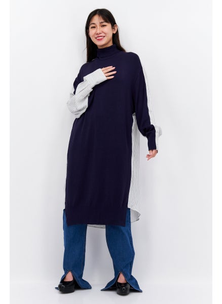 اشتري Women Mock Neck Long Sleeve Two-Tone Tunic Top, Navy Blue/White في الامارات