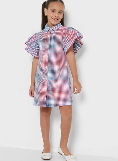 Buy Natilene Girls Checked Flutter Sleeves Shirt Dress in UAE
