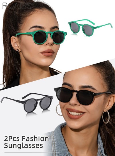 Buy 2Pcs Round Sunglasses for Men Women, UV400 Protection Sun Glasses, Fashion Decorative Eyewear for Outdoor Party Street Photography, Black and Green in UAE
