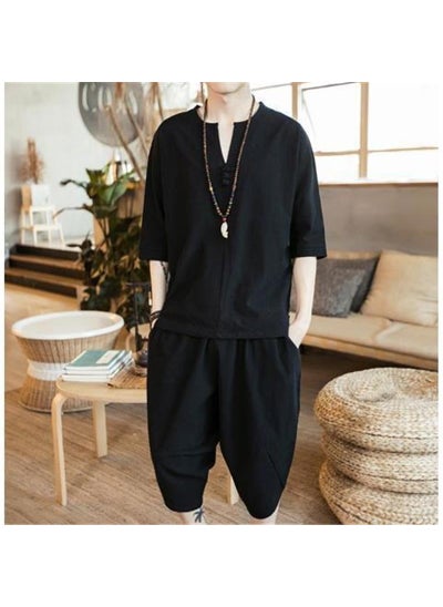 Buy Mens Cotton Linen Tang Suit Ethnic Hanfu Retro Set Black in Saudi Arabia