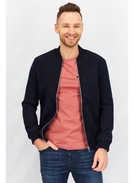 Buy Men Crew Neck Long Sleeve Solid Bomber Jacket, Navy in UAE