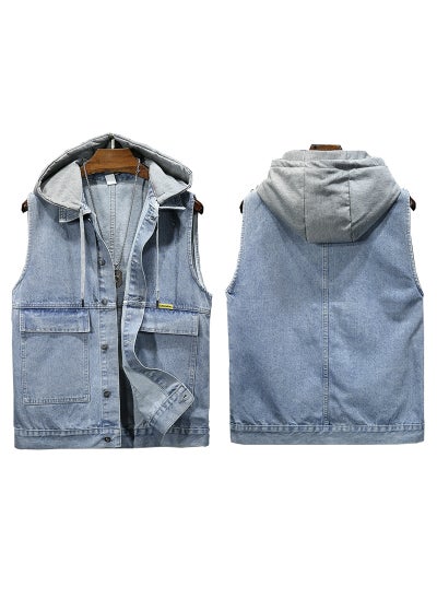 اشتري 2024 Unisex Trendy Denim Vest Hooded Sleeveless Light Blue في الامارات