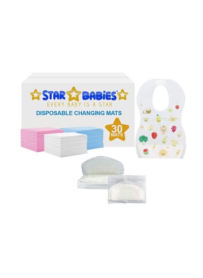 Buy Star Babies Combo Pack (Disposable Changing mat 30pcs, Disposable Bibs 30pcs with  Disposable Breast Pad 5pcs) - Assorted in UAE