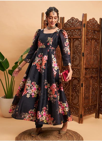 Buy Floral Print Pleat Detail Anarkali Maxi Kurta in Saudi Arabia