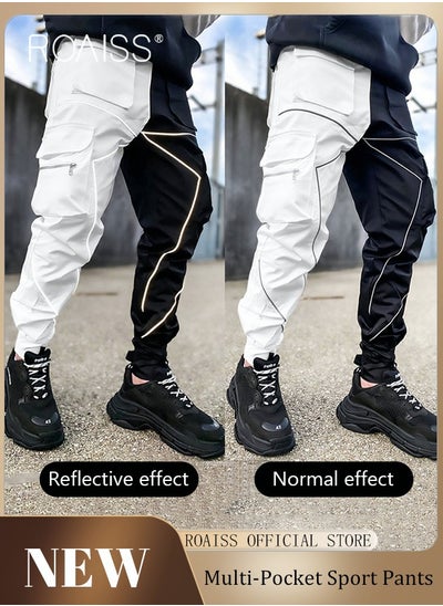 Buy Fashion Print Men Cargo Trousers  Multiple Pocket Design  Sports Trousers Reflective Tape Design  Velcro Feet Breathable Fabric  Solid Color in Saudi Arabia