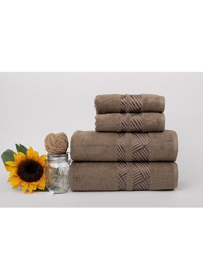 Buy 4 Piece Bathroom Towel Set - TRACK - 500 GSM - 100% Cotton Terry - Jacquard Border- 2 Bath Towel 70X140 cm & 2 Hand Towel 50x90 cm- Luxury Touch - Extra Absorbent-Brown in UAE