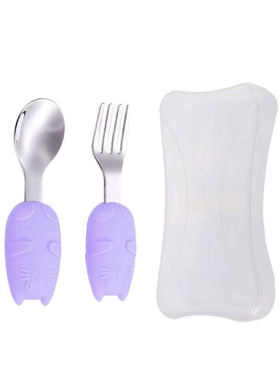 اشتري Brain Giggles Toddler Cutlery Set with Case Stainless Steel Feeding Spoons for Babies with Silicone Handles Kids Cutlery Set with Case - Purple في الامارات