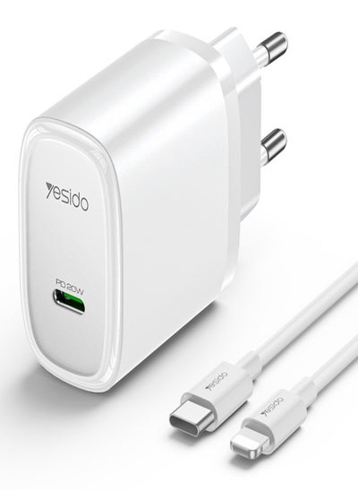 اشتري شاحن سريع بمنفذ USB-C / Type-C من Yesido YC57L PD بقوة 20 وات مع كابل من النوع C إلى 8 دبابيس، قابس الاتحاد الأوروبي (أبيض) في مصر