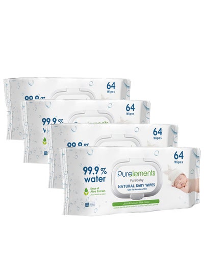 Buy Purelements - Aloe Natural 99.9% Water Wipes - Pack of 4 - 256pcs in UAE