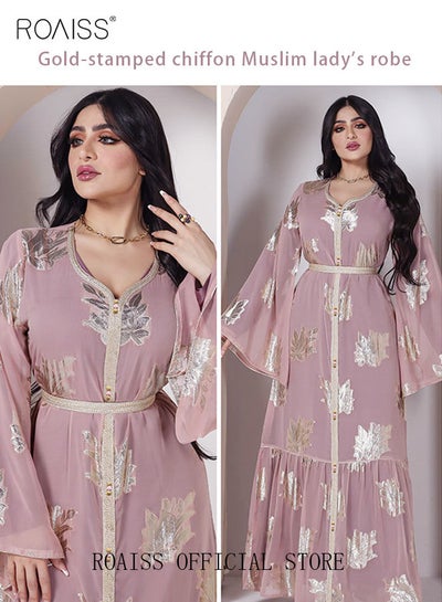 Buy Women Luxury V-neck Bronzing Chiffon Robe Maxi Dresses with Lining Exclusive Styles Modern Stylish Abaya Middle East Arabic Banquet Wedding Party Dress Women's Festival Clothing Pink in UAE