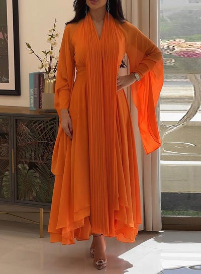 Buy Fordeal Orange Elegant Chiffon Scarf Neck Flowy Dress in Saudi Arabia
