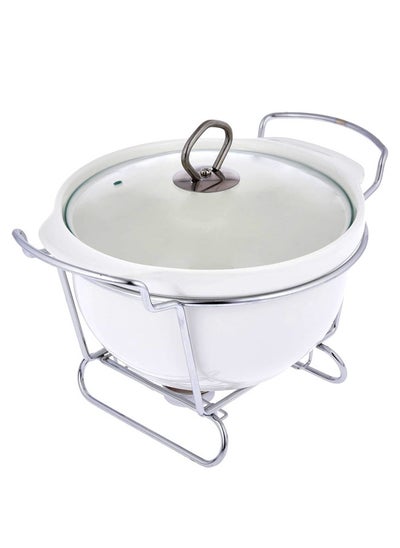 Buy Porcelain Round Food Warmer With Silver Candle Stand & Glass Lid 2.5 Liter White/Silver in Saudi Arabia