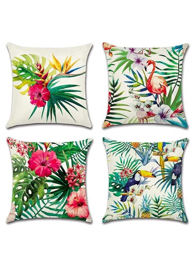 Buy Decorative Throw Pillow Covers Pack of 4, Waterproof Cushion Covers, Perfect to Outdoor Patio Garden Living Room Sofa Farmhouse Decor (18x18 Inches) (Tropical Plants and Flowers Birds) in UAE