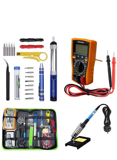 Buy Soldering Iron Kit 60W Adjustable Temperature Welding Tool, Digital Multimeter, 2pcs Soldering Iron Tips, Desoldering Pump, Wire Stripper Cutter, Tweezers, Iron Stand, 2pcs Electronic Wire in Saudi Arabia