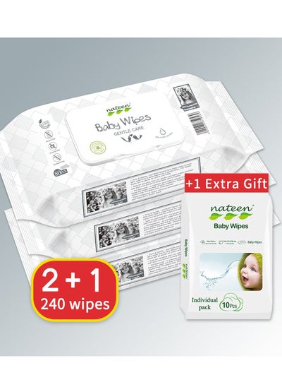 Buy Nateen Baby Wipes,80s x 3 Packs(240 wipes),+10pcs Wipes Free,Pure Water Wipes for Baby,Multi Purpose Cleaning Baby Wet Wipes With Aloe Vera Extract for Sensitive Skin. in UAE