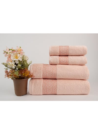 Buy Towel 4 Piece Bathroom  Set - BLOCKS - 500 GSM - 100% Cotton Terry - Jacquard Border- 2 Bath  70X140 cm & 2 Hand  50x90 cm- Luxury Touch - Extra Absorbent-Peach in Saudi Arabia