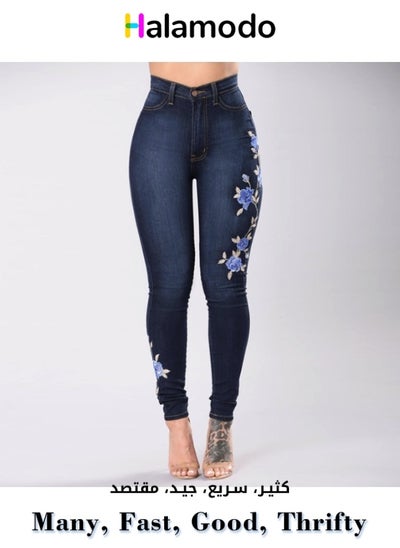 Buy Dark Blue Women's Embroidered Jeans Suitable for Spring and Autumn in Saudi Arabia