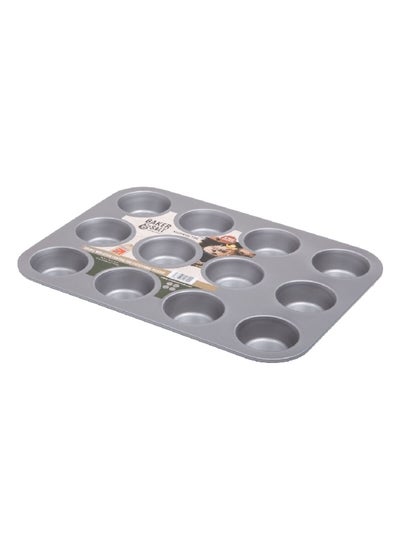 Buy 12-Cup Rectangular Dishwasher Safe Steel Muffin Tray Silver 3 x 26.5 x 35 cm in Saudi Arabia